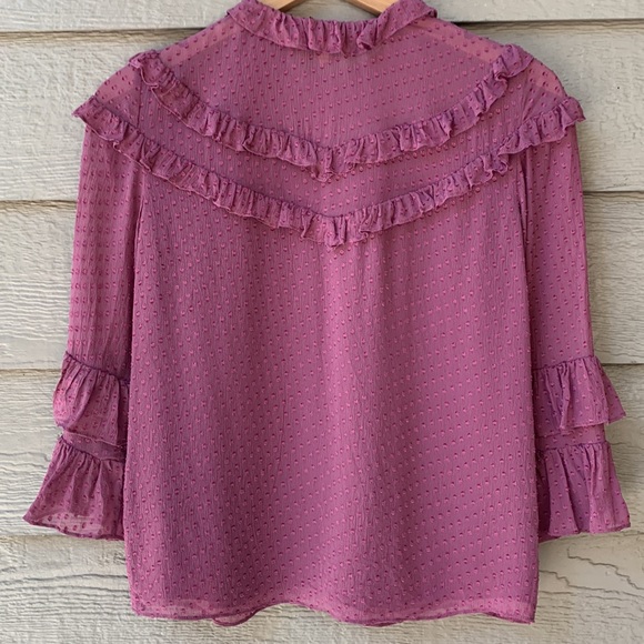 Rebecca Taylor Swiss Dot Satin Dot Ruffle Purple Blouse button down Long Sleeve - Picture 9 of 10